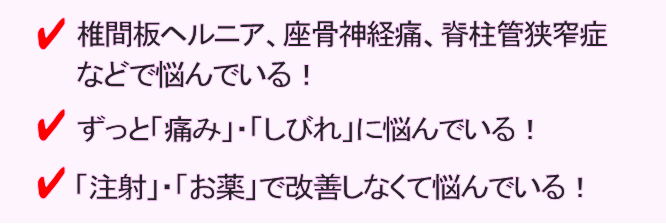 ヘルニア、座骨神経痛、脊柱管狭窄症、痛み、しびれで悩んでいる方、注射・お薬で改善しない方
