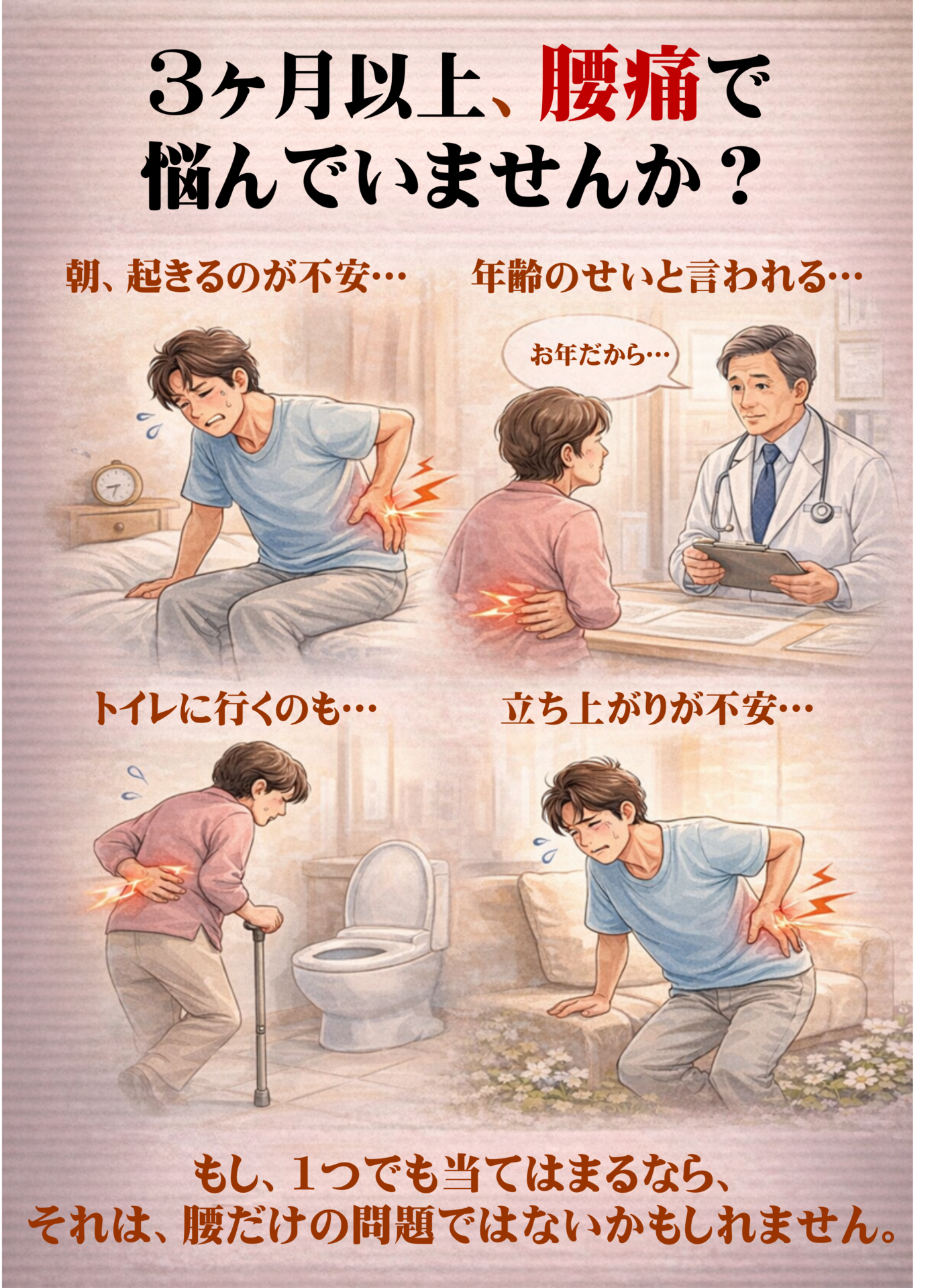 朝、起きるのが不安ではありませんか？ 3ヶ月以上腰痛が続いている… 病院で「年齢のせい」と言われた…  トイレに行くにもゆっくり…  立ち上がる瞬間が不安… もし、一つでも当てはまるなら、 それは、腰だけの問題ではないかもしれません。