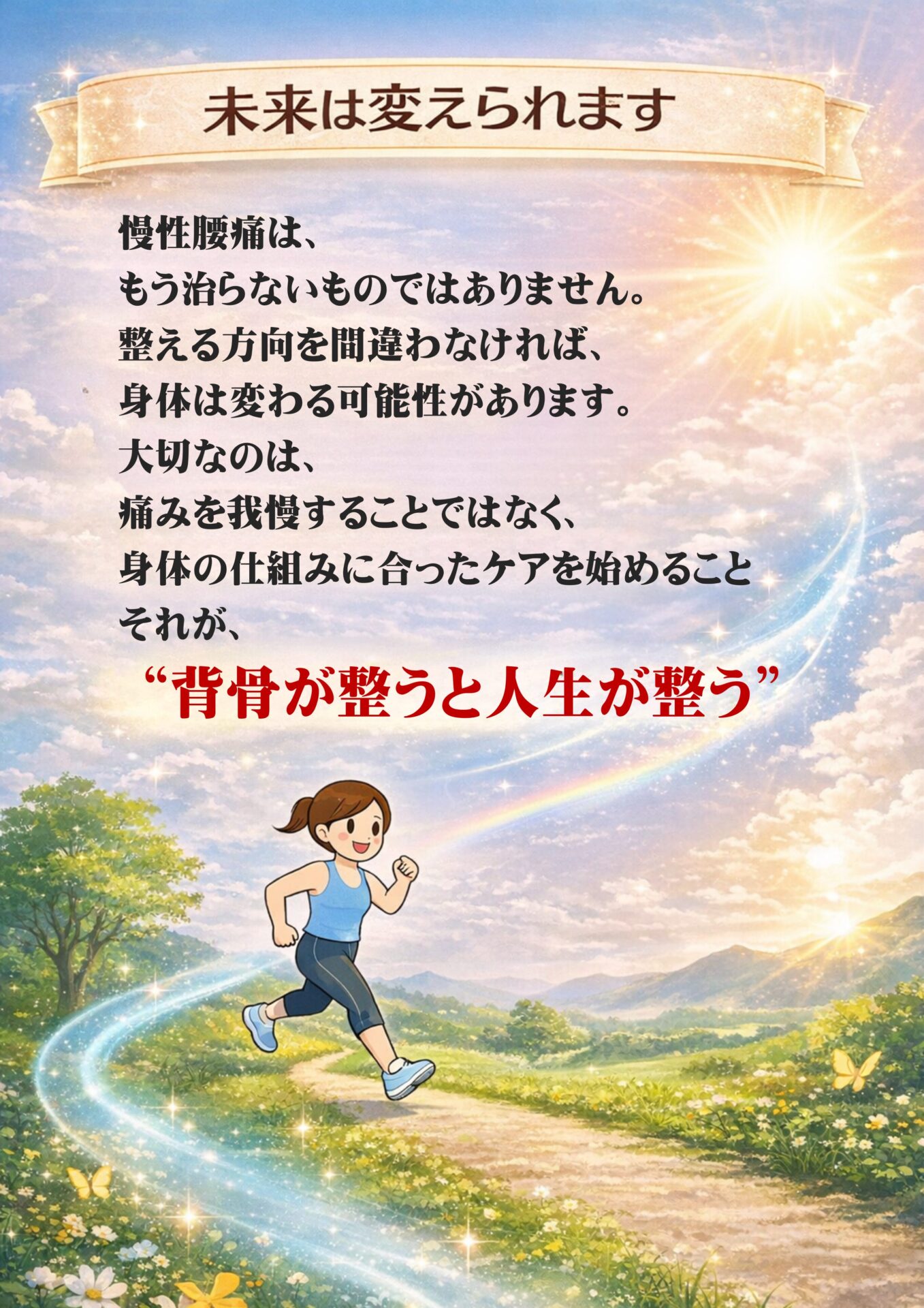 未来は変えられます  慢性腰痛は、  「もう治らないもの」ではありません。  整える方向を間違えなければ、
体は変わる可能性があります。  大切なのは、
痛みを我慢することではなく、
体の仕組みに沿ったケアを始めること。  それが、  「背骨が整うと人生が整う」  という変化につながります。