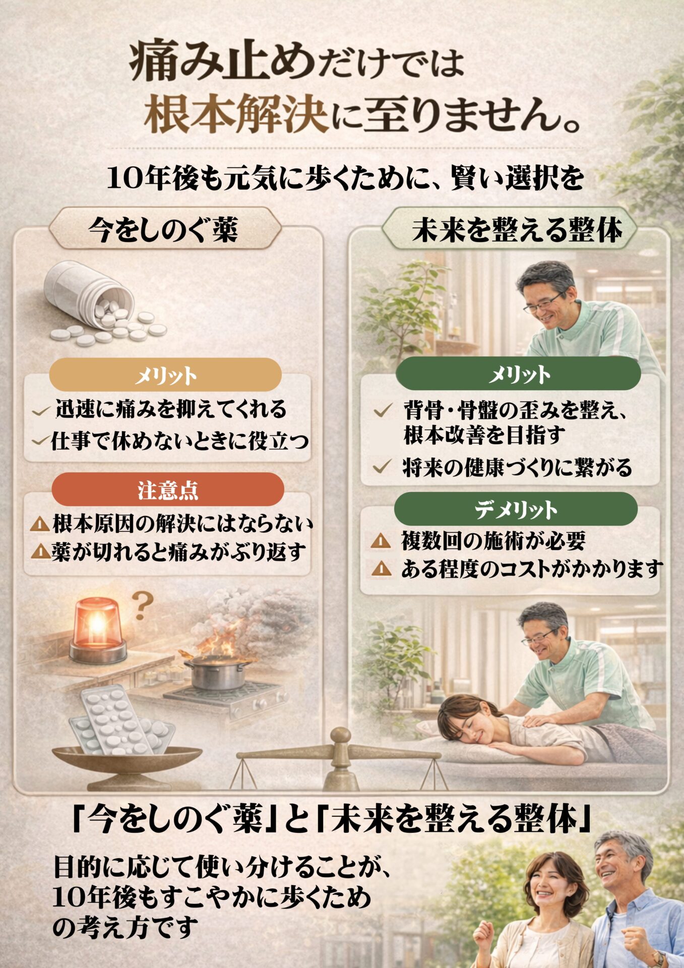 痛み止めだけでは根本解決には至りません。10年後も元気に歩くために賢い選択を