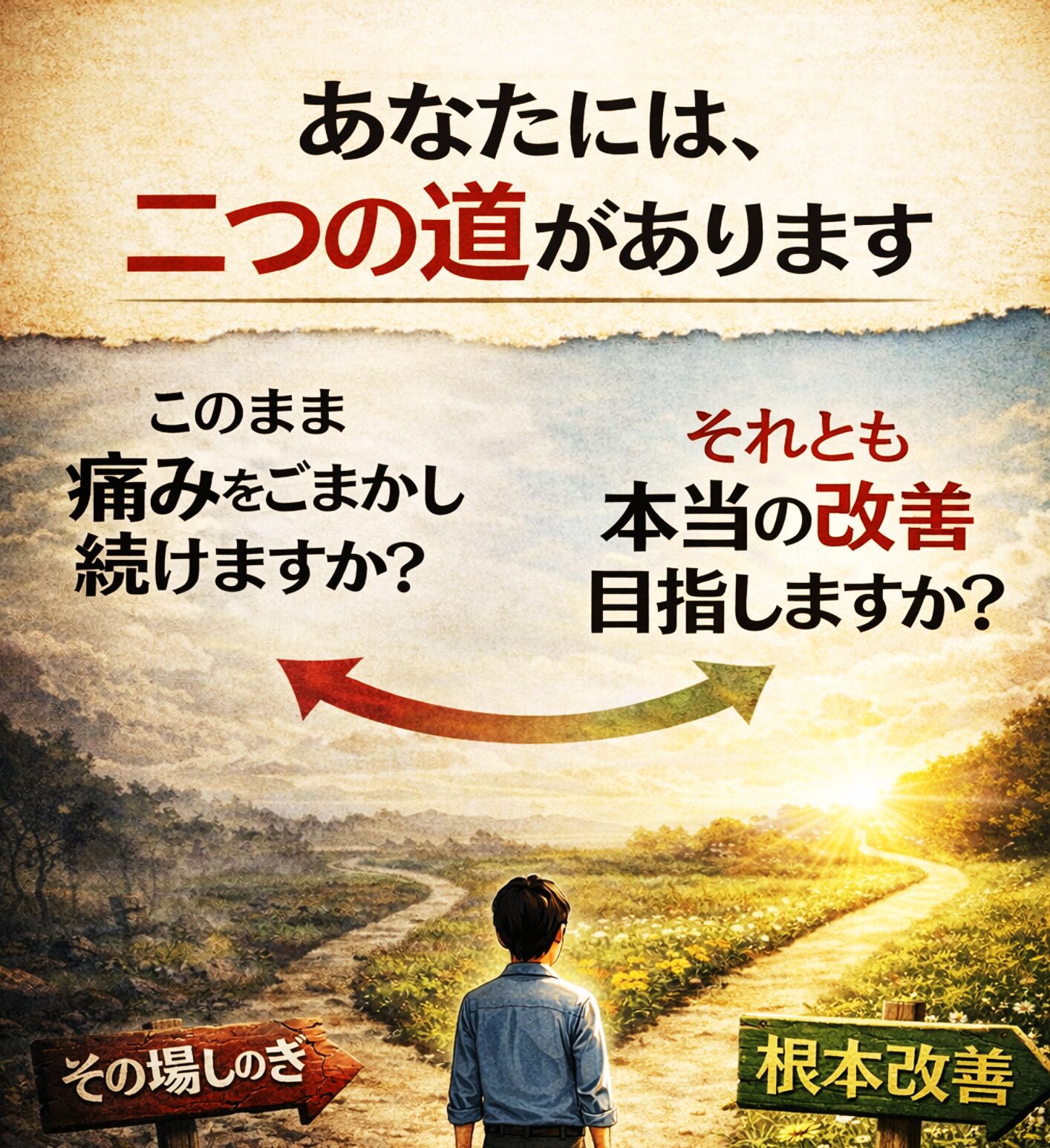 【あなたには二つの道があります】  ■　一つ目の道は、「他の治療を選ぶ」ことです。  　整形外科・接骨院などで、「痛み止めのお薬」「ブロック注射」「シップ」「マッサージ」「電気療法」などで、一時的に痛みの緩和を目指すことです。しかし、それらを繰り返している方ほど、とてもつらい症状で悩んでいる方が多いと感じています。  「痛みを止めのお薬」は、一時的に痛みを感じないようになるだけで、原因を改善していないので、どこかの時点で、狭窄症・ヘルニア・神経痛などの重度の症状に繋がると約２０年の経験から確信しています。  　手術をしても100％良くなる保証はありません。手術をしなければよかったとの声も多く聞きます。  ■　二つ目の道は「当院の施術を受ける」ことです。  　当院で、「背骨のゆがみを改善」し、脳からの「神経伝達を正常にする」ことで、「自然治癒力を最大限」に発揮し、痛みやしびれの「根本改善」を目指すことです。（DRT整体）  背骨は、お身体の中心となる柱です。背骨のバランスを良くすることは、実はとても大切なことですが、多くの方はこの大切なことを知りません。  私は、約２０年、７万件以上の様々なお悩みの方と向き合い、多くの施術方法を学んできた経験・知識から、【背骨バランス】が重要なことは実感しており、当院の施術を自信を持ってご提案しております。  あなたの健康を回復、維持していくための大切なポイントや秘訣をお伝えし、生涯の　健康を共に築くパートナーとして、全力でサポートさせていただきます。