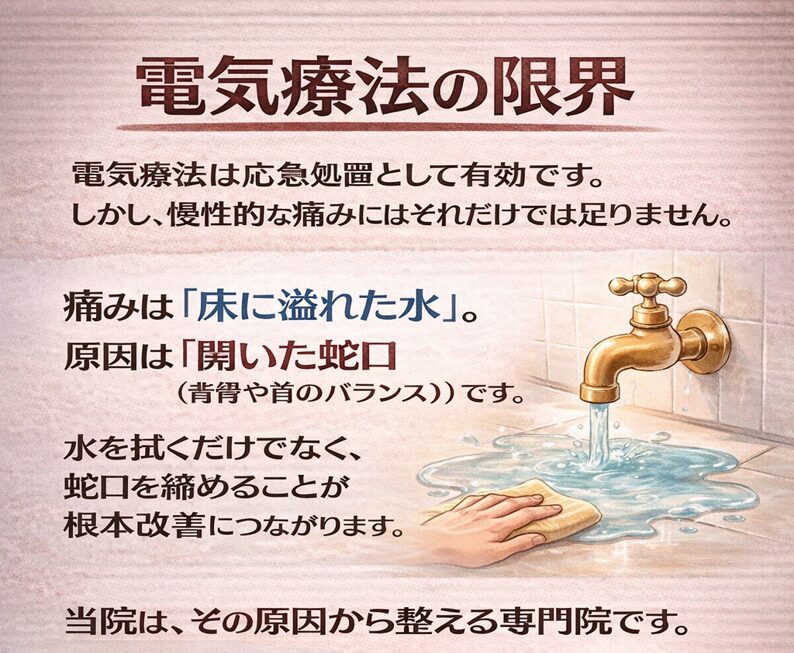 電気療法の限界：「痛い場所」に原因はない  電気療法は応急処置として有効です。
しかし、慢性的な痛みにはそれだけでは足りません。  痛みは「床に溢れた水」。
原因は「開いた蛇口（背骨や首のバランス）」です。  水を拭くだけでなく、
蛇口を締めることが根本改善につながります。  当院は、その原因から整える専門院です。