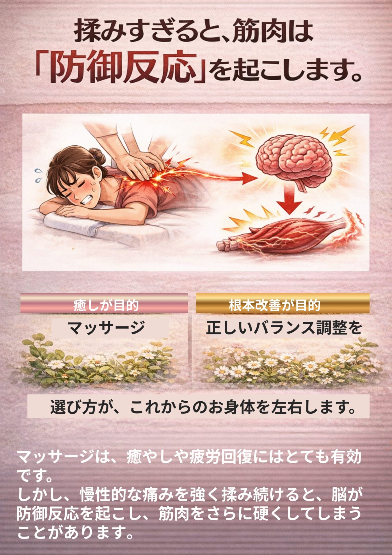 揉みすぎると、筋肉は「防御反応」を起こします。  マッサージは、癒やしや疲労回復にはとても有効です。  しかし、慢性的な痛みを強く揉み続けると、脳が防御反応を起こし、筋肉をさらに硬くしてしまうことがあります。  「癒やし」が目的ならマッサージ。
「根本改善」が目的なら、正しいバランス調整を。  選び方が、これからの体を左右します。