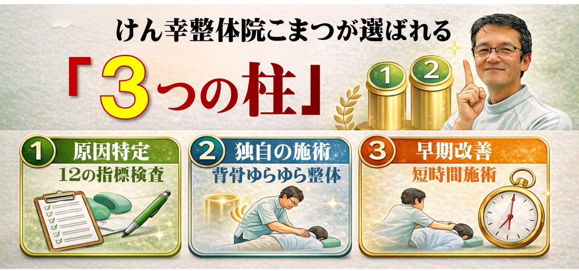 けん幸整体院こまつが選ばれる「３つの柱」①原因特定　12の指標検査　②独自の施術　背骨ゆらゆら整体　③早期改善　短時間施術